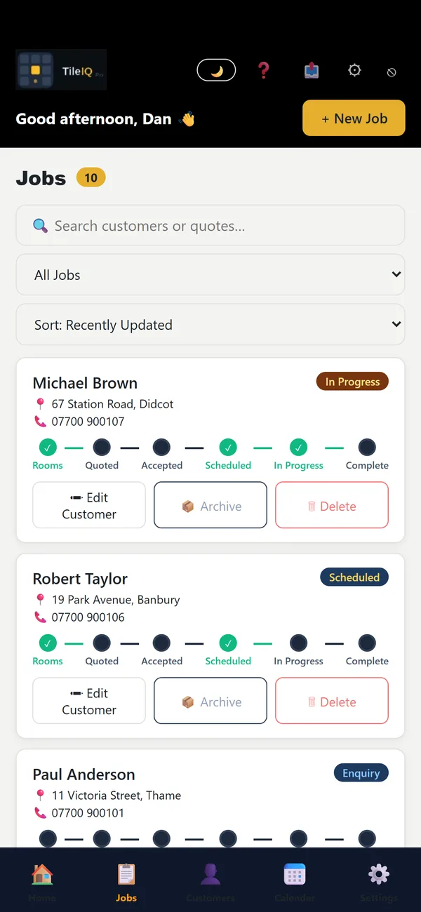 TileIQ jobs list showing each customer's job and its progress from rooms to complete