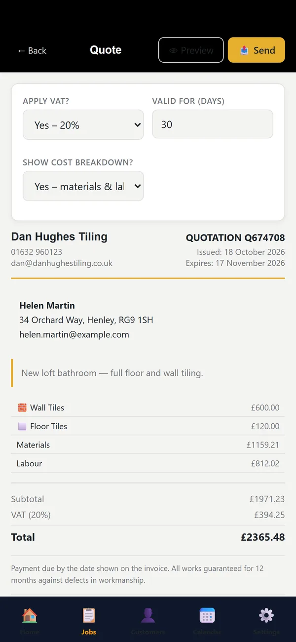 A TileIQ quote showing tiles, materials, labour and VAT for a loft bathroom