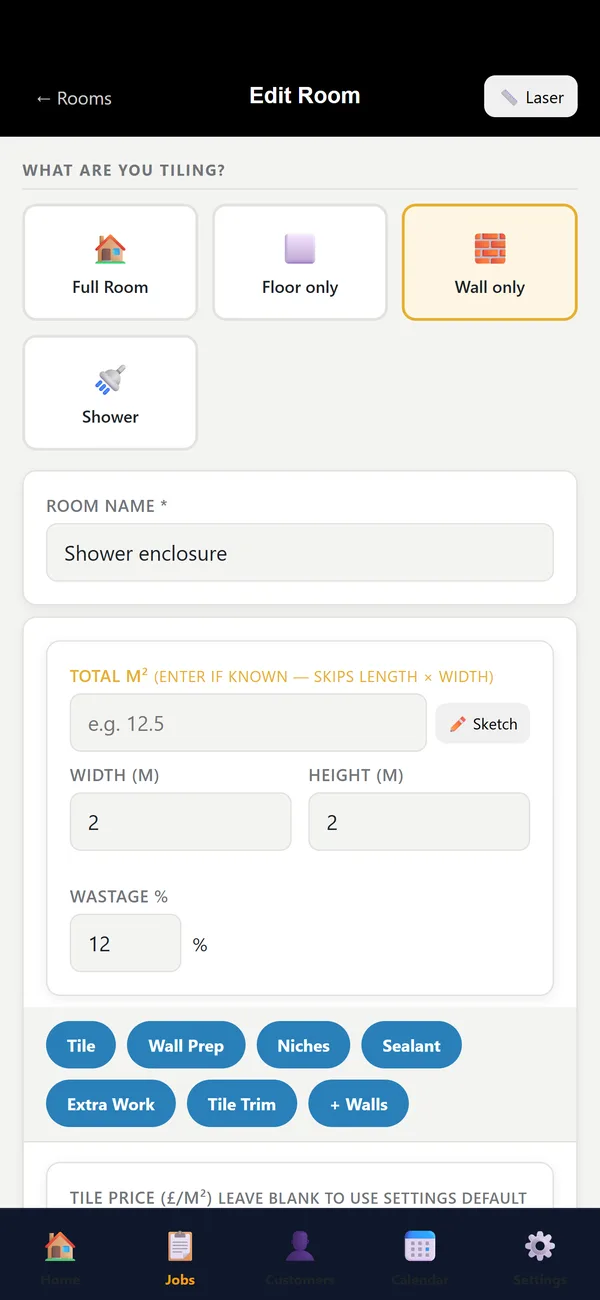 TileIQ room screen with width, height and wastage for a shower enclosure