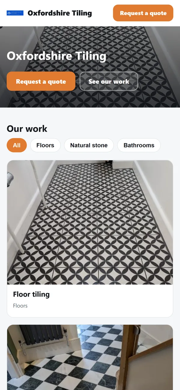 A tiler's TileIQ portfolio page with a Request a quote button and finished floor and bathroom projects