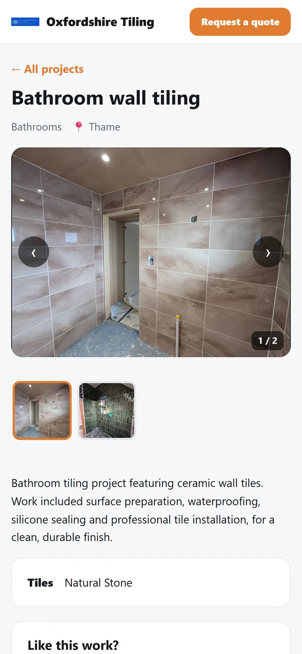 A portfolio project page showing bathroom wall tiling in Thame, with a photo gallery, description and Request a quote button