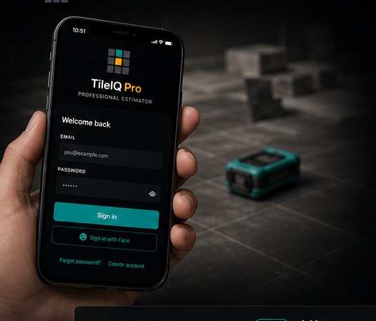 Hand holding a phone showing TileIQ Pro