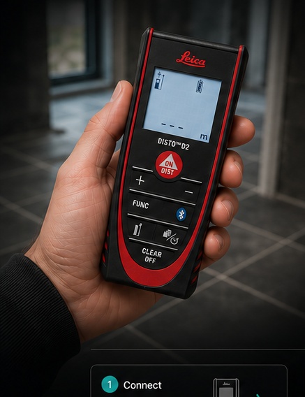 Hand holding a Leica DISTO D2 laser measure