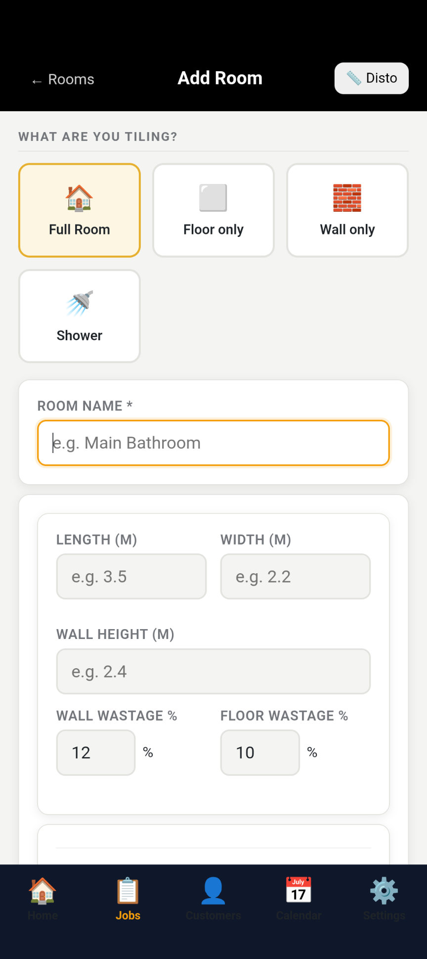 TileIQ Add Room screen showing Disto connection