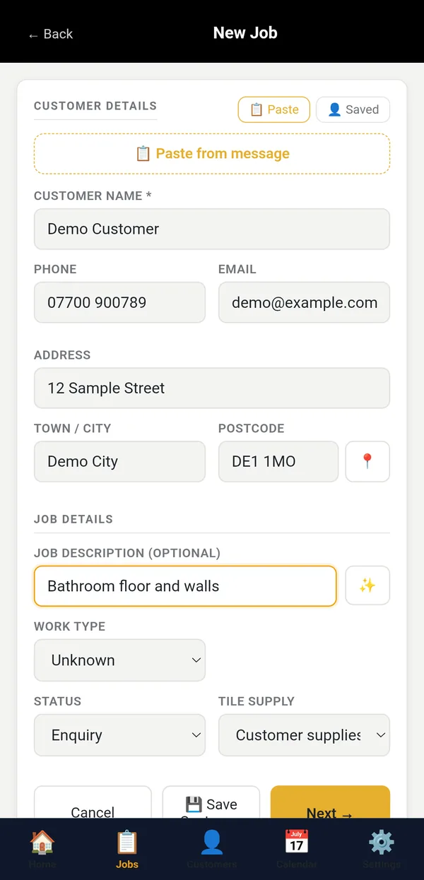 The New Job form with customer details and job description filled in