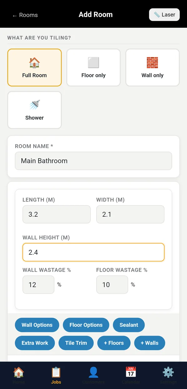 The Add Room form with Full Room selected, a room name and measurements