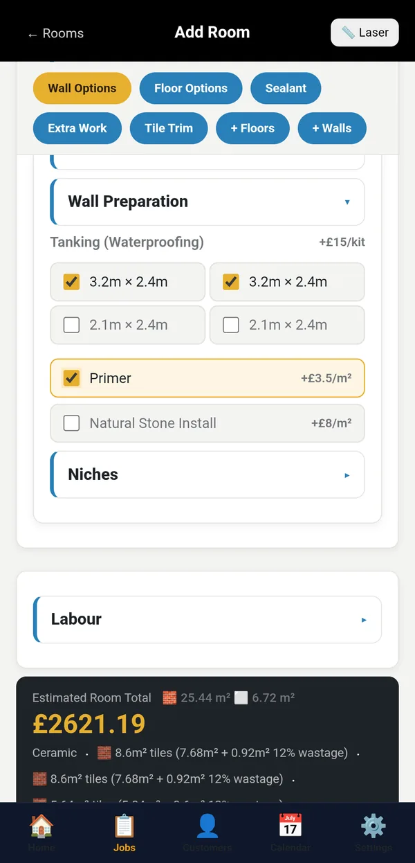 Wall Preparation options with tanking and primer ticked