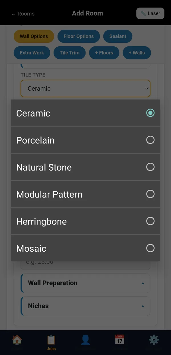 The Tile Type list: Ceramic, Porcelain, Natural Stone, Modular Pattern, Herringbone and Mosaic