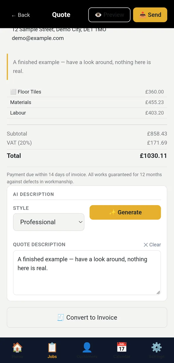 The AI Description card on a quote with a style picker and a Generate button