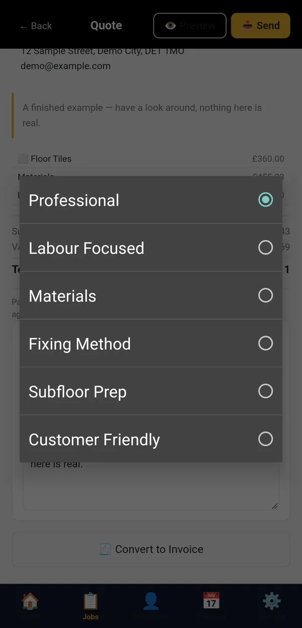 AI description styles: Professional, Labour Focused, Materials, Fixing Method, Subfloor Prep, Customer Friendly