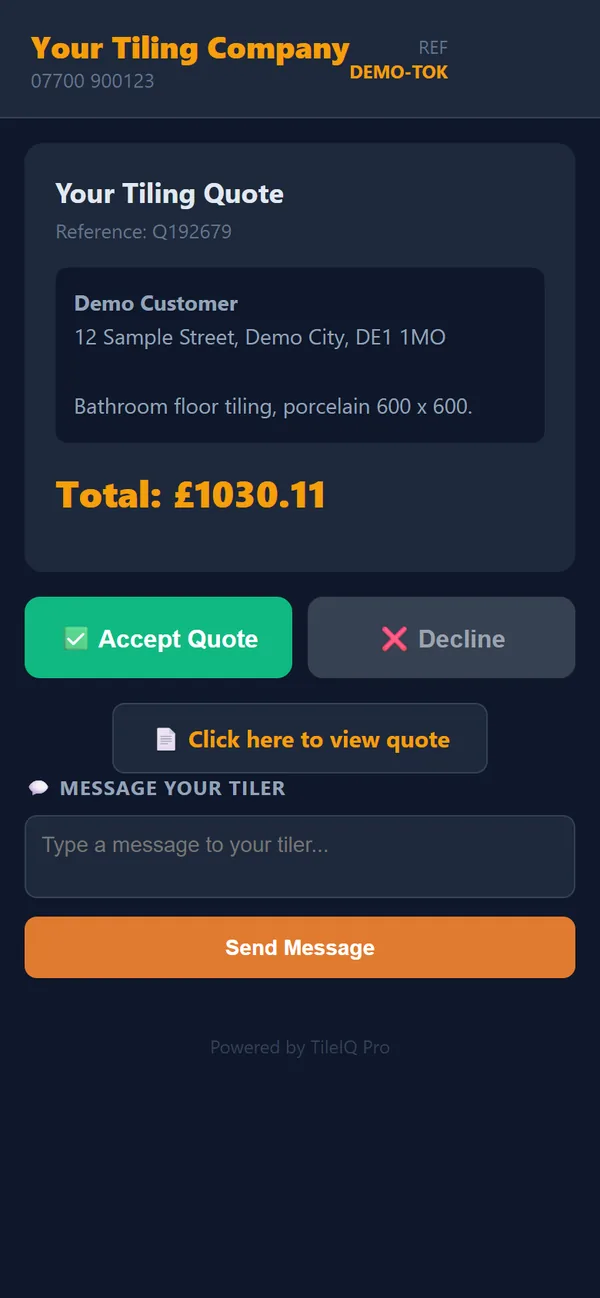 The online quote page with the total and Accept Quote and Decline buttons