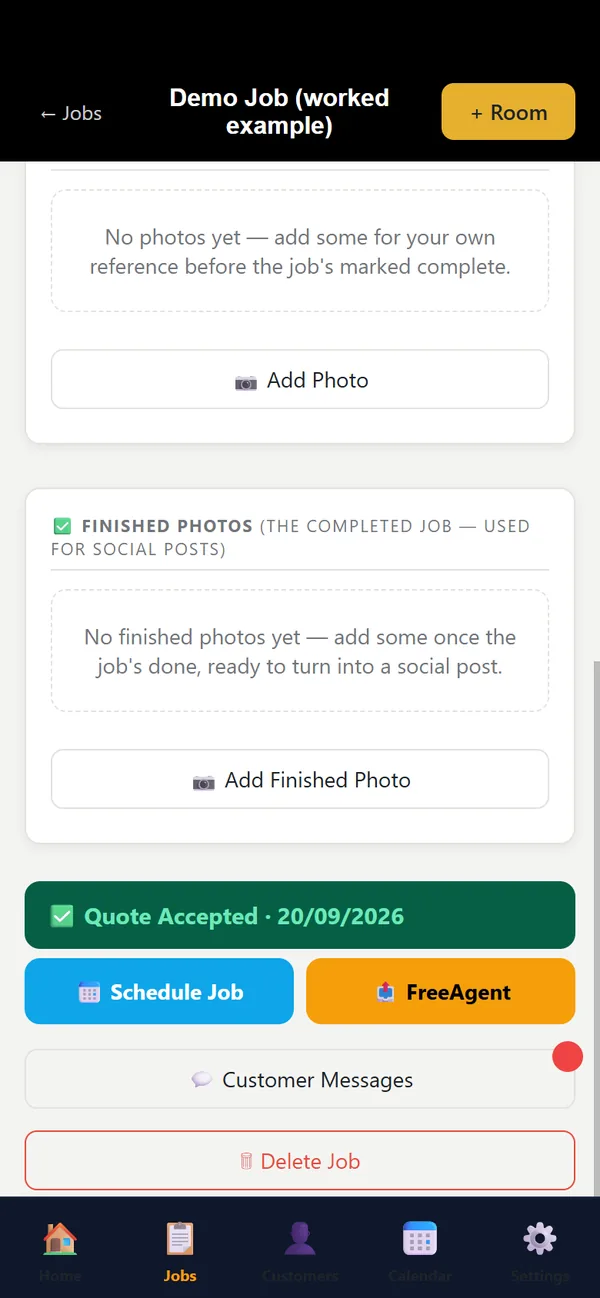 A job showing Quote Accepted with a Schedule Job button