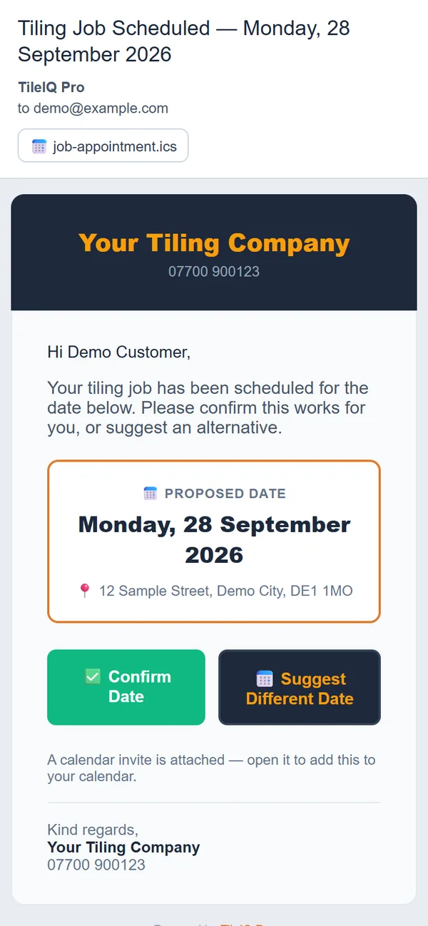 The email a customer receives with the proposed date, Confirm and Suggest buttons and a calendar file