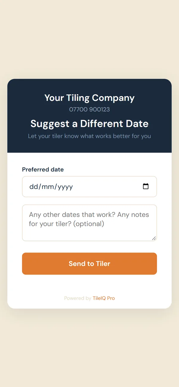 The Suggest a Different Date form with a date picker and notes