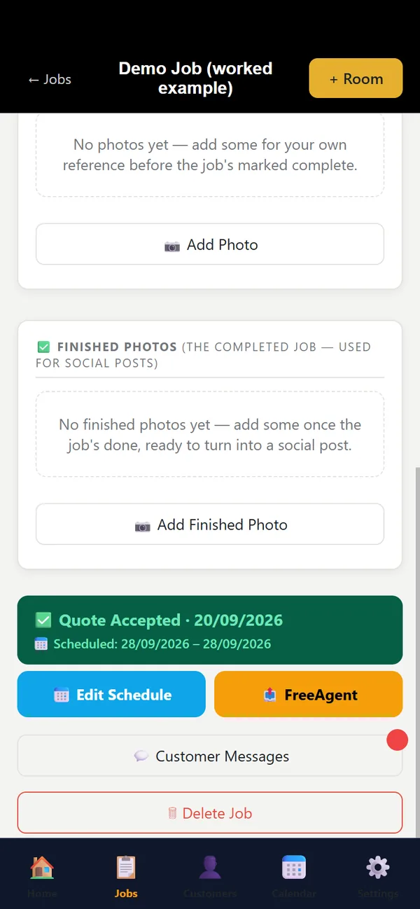 A job showing Quote Accepted and its scheduled dates with an Edit Schedule button