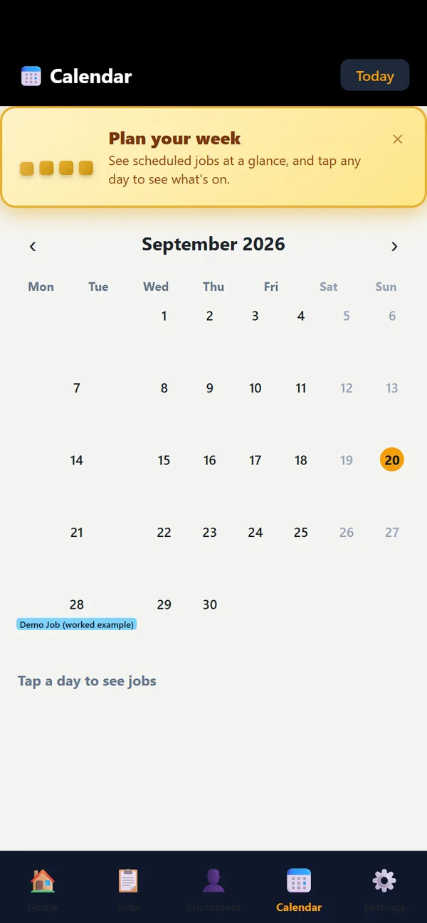 The Calendar tab showing a job on 28 September