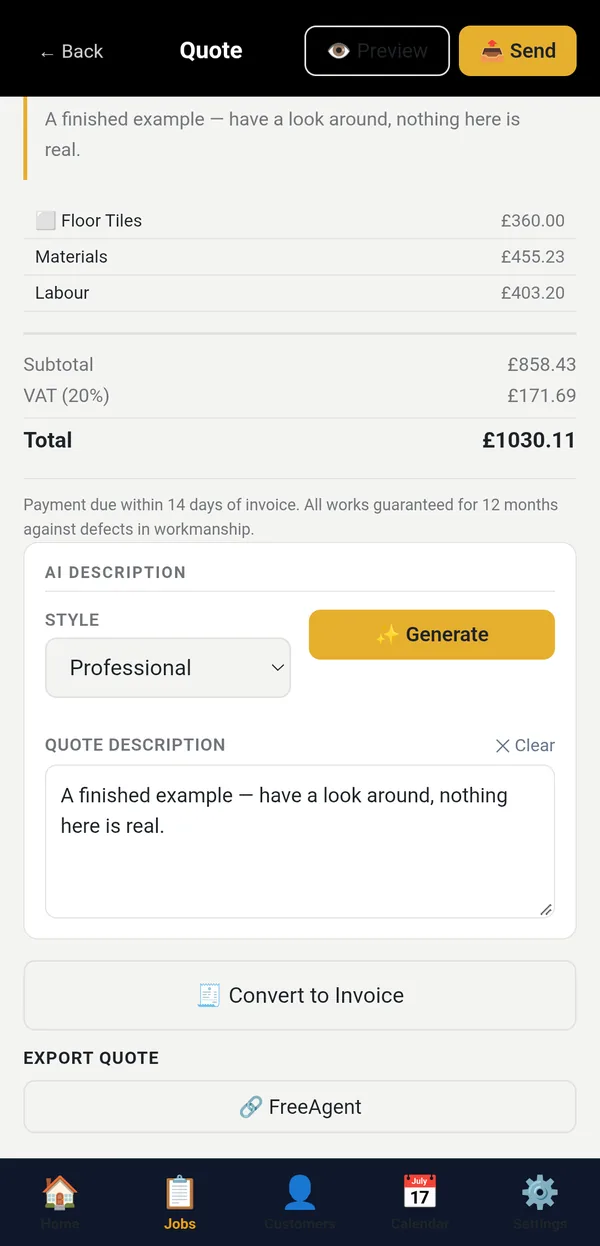 A quote with Convert to Invoice and an Export Quote button for FreeAgent