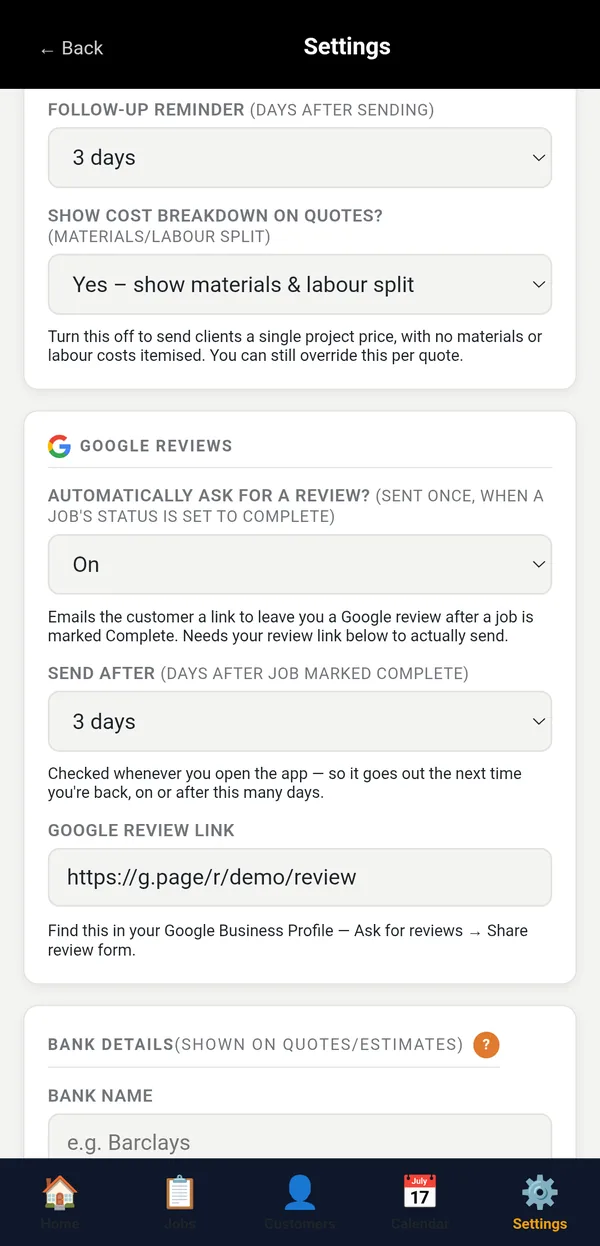 Google Reviews settings with automatic review requests turned On, a send delay and a review link