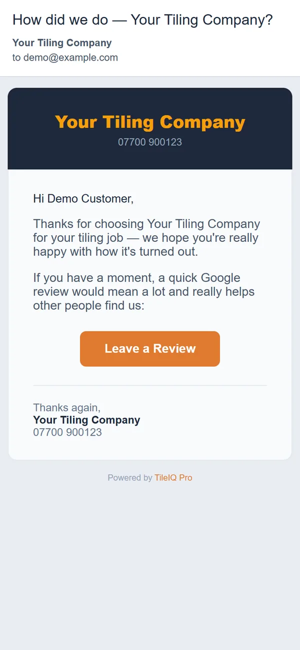 The review request email with a Leave a Review button