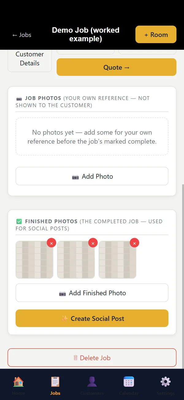A completed job with finished photos and a Create Social Post button