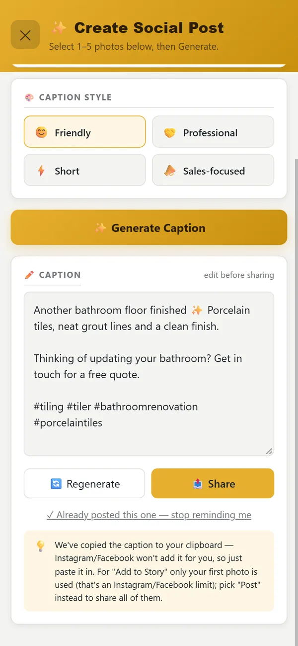 A caption ready to edit, with Regenerate and Share buttons
