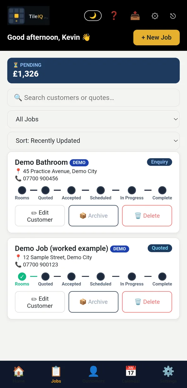 The TileIQ Pro jobs list with a progress tracker on each job
